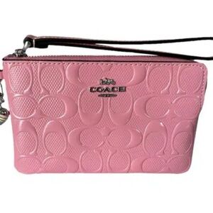 Coach Corner Zip Wristlet Signature Leather Heart Charm  Silver Pink
